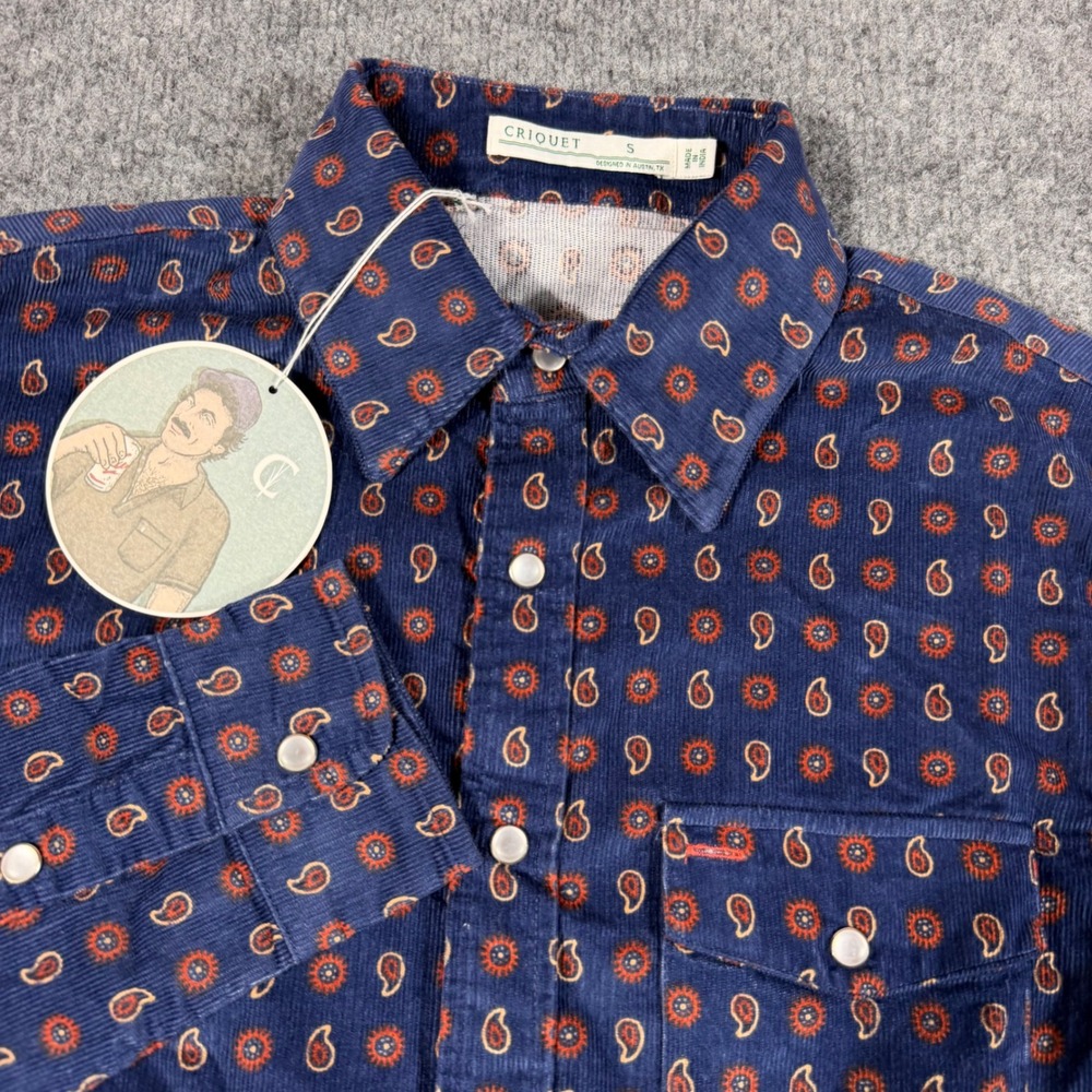 Criquet Men Small Corduroy Button Down Shirt Blue Paisley Western NWT